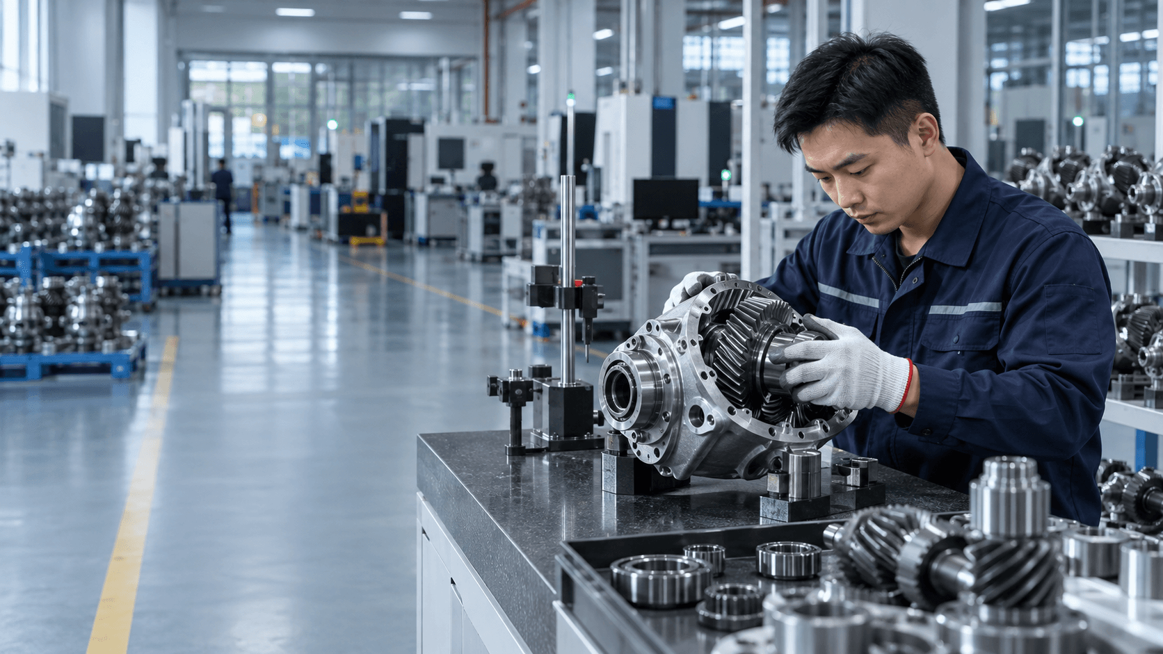 Technician inspecting a differential assembly in an automotive parts factory
